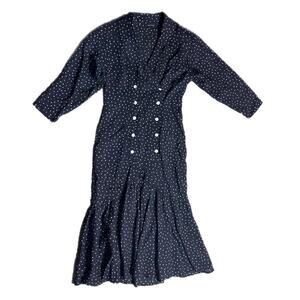 80s long waisted black and white polka dot button up ruffle hem dress (M)